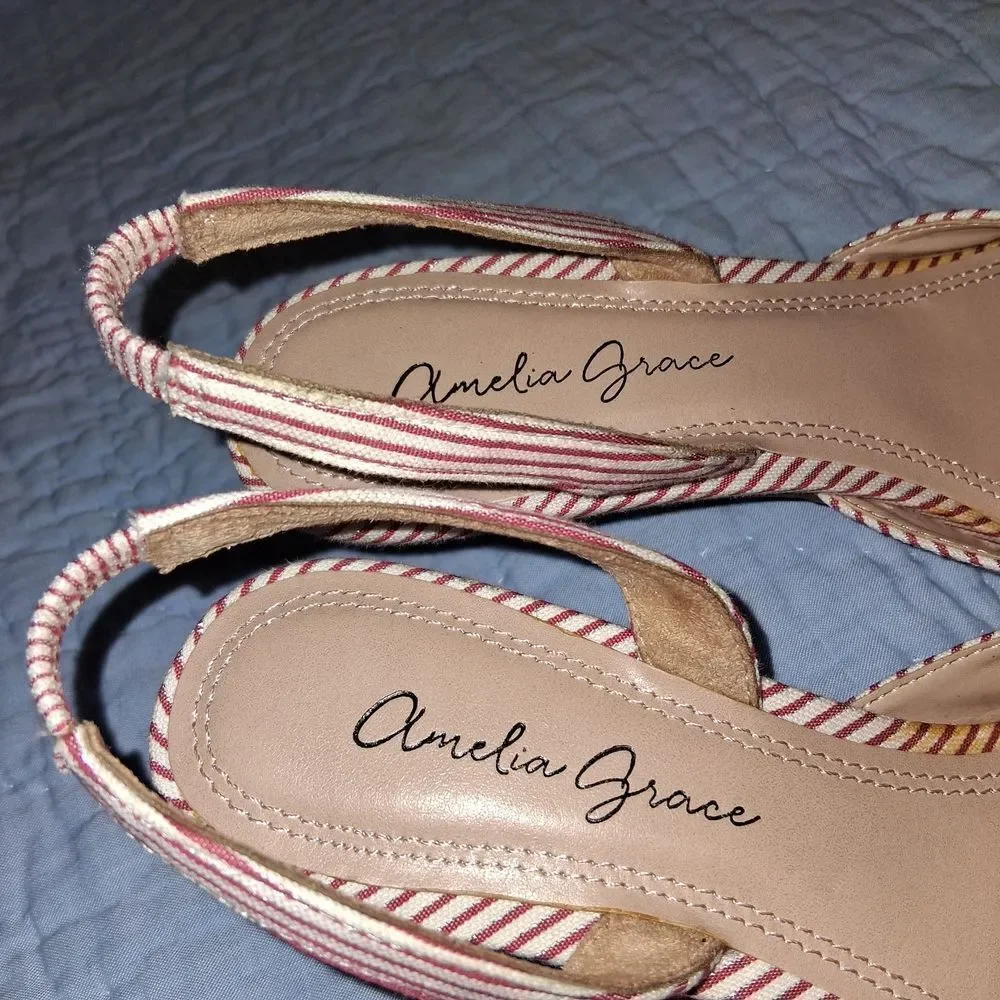 Amelia Grace Stylish Red and White Striped Slingback Heels Sizs 7.5M